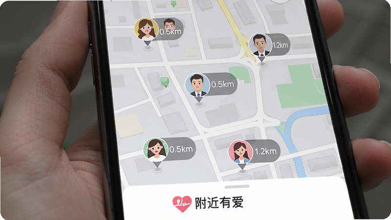 图片展示一部手机地图界面,上面散布着多个用户头像标记,标记旁边显示距离,如“0.5km”、“1.2km”,地图风格简约,城市街区清晰。手机屏幕下方有“附近有爱”logo。画质干净,无多余元素。