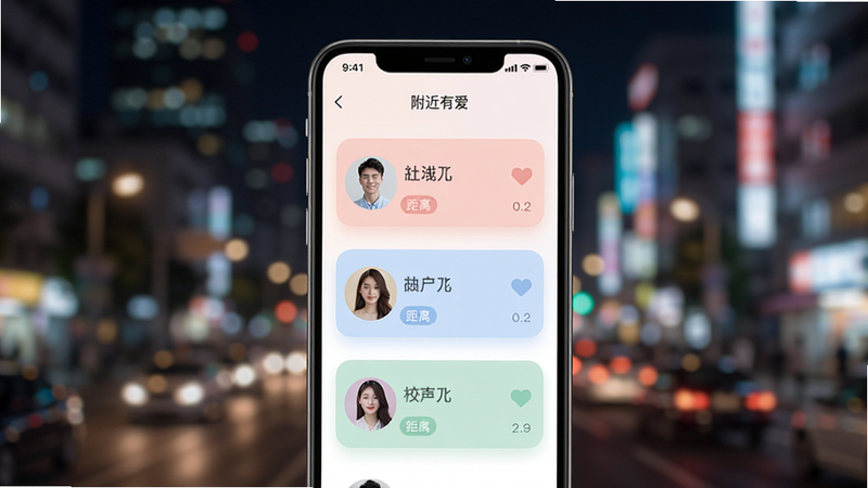 画面中心是一部手机屏幕,显示“附近有爱”APP主界面,背景是模糊的城市夜景,手机界面中有多个用户头像卡片,卡片上带有距离和标签,整体风格清新现代,色彩柔和,突出社交氛围。画质清晰,干净无多余元素。