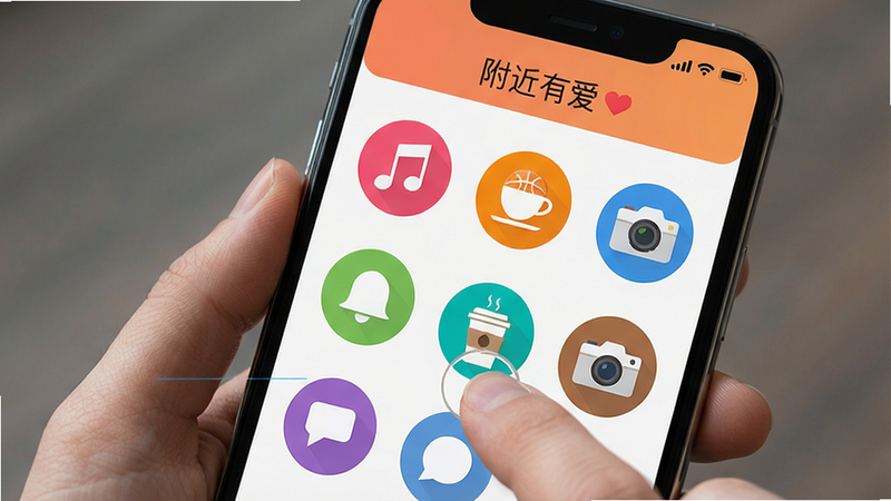 手机屏幕显示兴趣标签选择界面,多个圆形图标排列,如音乐符号、篮球、咖啡杯、相机等,用户正在勾选标签。界面色彩鲜艳,标签图标清晰。手机顶部有“附近有爱”字样。画质高清,简约干净。