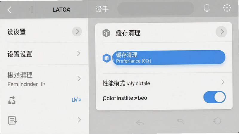 主体为新手操作界面截图,布局展示设置菜单、缓存清理选项、性能模式开关,排版清晰,风格简洁,细节包括按钮文字清晰,画质高清,无多余元素。