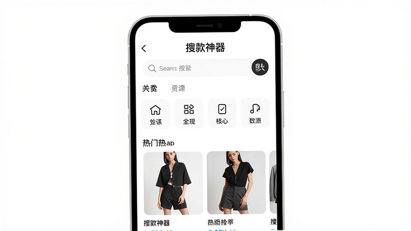 搜款神器核心全貌展示图,主体为手机界面显示搜索页面,布局居中,排版简洁,风格扁平化现代,细节包含搜索框、分类图标和热门款式缩略图,画质清晰干净无多余元素,文字标注“搜款神器”