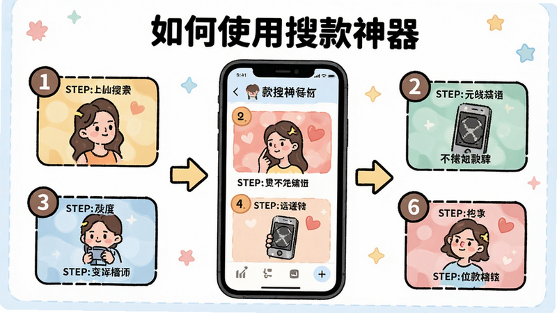 搜款神器使用指南示意图,主体为手机屏幕显示教程步骤,布局流程图风格,风格卡通教育,细节包含步骤编号和箭头指示,画质干净,文字说明“如何使用搜款神器”