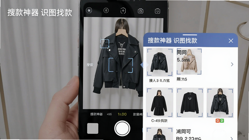 搜款神器拍照识图功能,主体为手机相机取景框对准一件衣服,布局中心,风格科技感,细节展示识别结果弹出同款商品列表,画质干净,文字“搜款神器 识图找款”