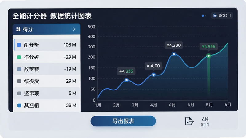 主体:全能计分器数据统计图表,布局:左侧为得分列表,右侧为动态折线图,排版:图表下方有“导出报表”按钮,风格:专业商务风,细节:折线图上标注关键节点分数,画质:4K高清,干净