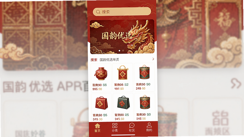 国韵优选APP首页预览图,国风设计风格,红色金色为主,顶部搜索栏和轮播图,中部商品网格展示,底部导航栏有首页、分类、社区、我的,界面整洁,画质清晰,无多余元素