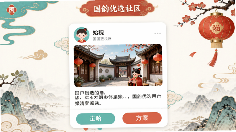 国韵优选社区界面,用户动态卡片流,包含头像、昵称、配图和文字,底部有互动按钮,界面清新活泼,国风元素点缀,画质高,无多余元素