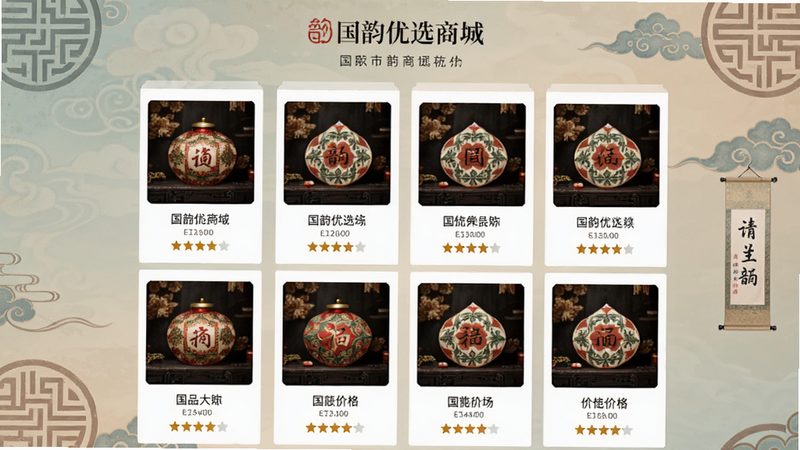 国韵优选商城页面,商品列表展示,每件商品有图片、名称、价格和评分,背景有传统纹样装饰,色彩柔和,布局整齐,画质细腻,干净无多余元素