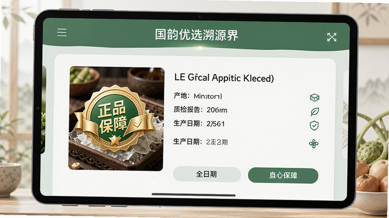 国韵优选溯源界面,展示一件商品的溯源信息,包括产地、质检报告、生产日期等,界面清晰直观,带有“正品保障”标识,背景简洁,画质细腻,无多余元素