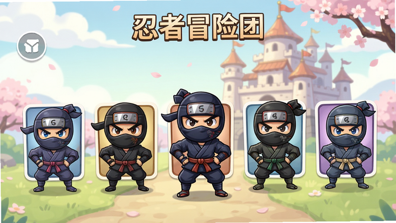 忍者冒险团游戏主界面展示,多个忍者角色排列在选人界面,背景有城堡和樱花,卡通风格,色彩柔和,明亮,画质清晰,干净无多余元素