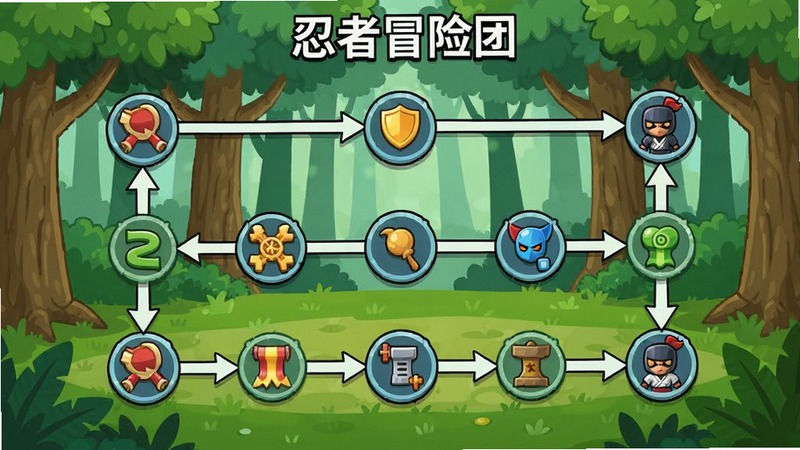 忍者冒险团关卡地图界面,显示多个节点组成的路线图,节点上有小图标表示奖励类型,背景是森林,卡通风格,明亮,干净无多余元素