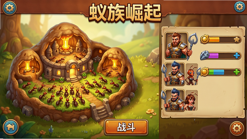主体:蚁族崛起游戏主界面,展示宏伟的蚂蚁巢穴与蚁群大军。布局:左侧为巢穴结构图,右侧为英雄队列和资源条。排版:游戏UI风格,上方显示“蚁族崛起”标题字样,下方有战斗按钮。风格:写实卡通风格,色彩明亮温暖,细节丰富。画质:高清晰度,纹理细腻,干净无多余元素。
