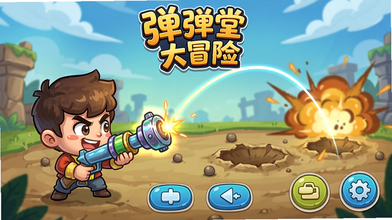 弹弹堂大冒险游戏主界面,Q版角色手持武器瞄准,背景对战场景有弹坑和爆炸特效,居中构图,顶部logo“弹弹堂大冒险”,底部操作按钮,Q版卡通风格,明亮色彩,手绘风格,角色表情生动,武器发光,有抛物线轨迹线,高清画质,干净无多余元素