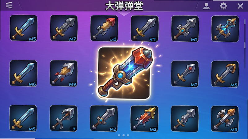 弹弹堂大冒险武器展示界面,多种武器图标排列,背景为渐变紫蓝色,中间一把高亮武器细节显示,布局网格状,风格UI界面,武器有光影特效,画质高清