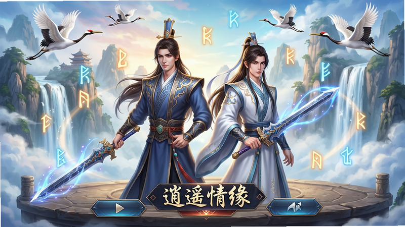 ���壺����������ң��Ե��Ϸ�����棬�������������Ƶ���ɽ�ͷ��٣�ǰ������Ů��������������װ���ֳ���������ΧƯ��������ģ����֣����жԳƣ���ɫվ��ƽ̨�ϣ��·�����ϷUI��ť��������ң��Ե�����������Ψ���ŷ磬ɫ��������������Ӱ�λã�ϸ�ڣ���ɫ��������������������������Ч��������ɺ׷��裻���ʣ������壬�ɾ��޶���Ԫ��