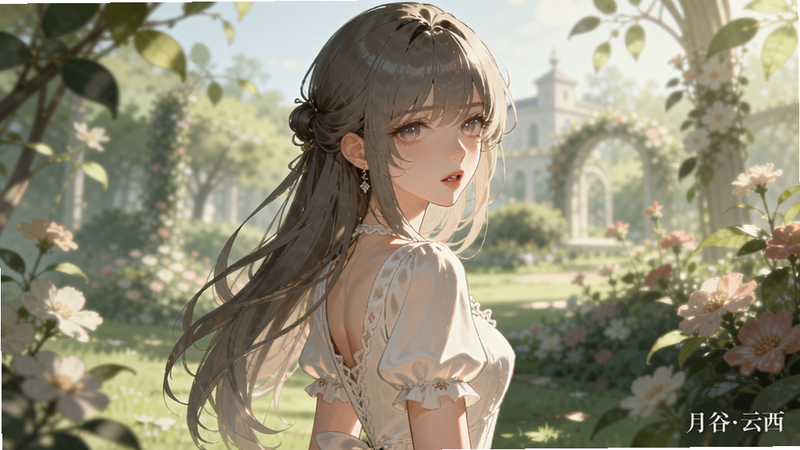 主体:女性角色立绘展示,她身着白色连衣裙,侧身回眸,背景是花园,排版:居中构图,风格:唯美柔光,细节:发丝光影,眼睛高光,嘴唇微张,画质:8K,画面干净无多余元素,右下角有小字“月谷云西”