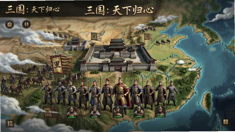 主体是《三国:天下归心》游戏主界面,布局以宏大的三国地图为背景,中央展示主城和武将队列,排版采用横向滚屏设计,风格为写实中国风,细节包括飘扬的旗帜、流动的云彩和军队行军,画质高清细腻,干净无多余元素,文字标注“三国:天下归心”。