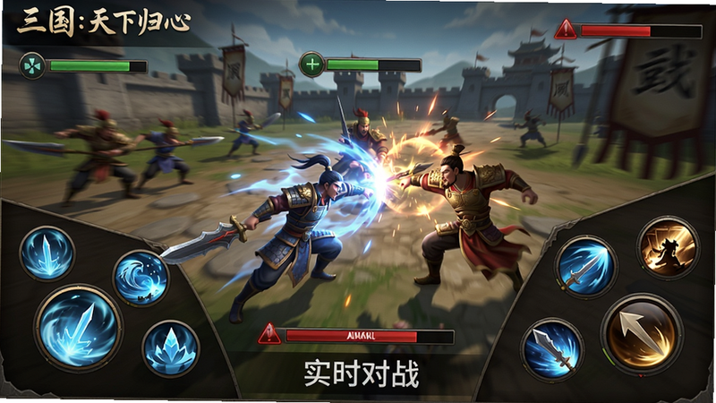 主体是《三国:天下归心》实时竞技界面,布局半屏幕显示战场半屏幕显示技能按钮,风格动感充满张力的战斗场景,细节包括技能冷却动画、血量条红色警告,画质高清流畅,干净无多余元素。文字标注“实时对战”。