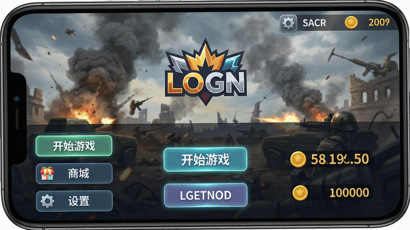 主体:手机竖屏游戏画面,显示游戏主菜单界面,左侧有“开始游戏”、“商城”、“设置”按钮,右上角显示玩家等级和金币数量。布局:居中对称,主菜单背景是动态战场硝烟。排版:UI元素分布在屏幕下半部分,上半部分为游戏LOGO和背景。风格:简洁明快的扁平化UI配合写实背景。细节:按钮有微光效,金币数字清晰,设置齿轮图标包含齿轮纹理。画质:2K超清,干净无多余元素。