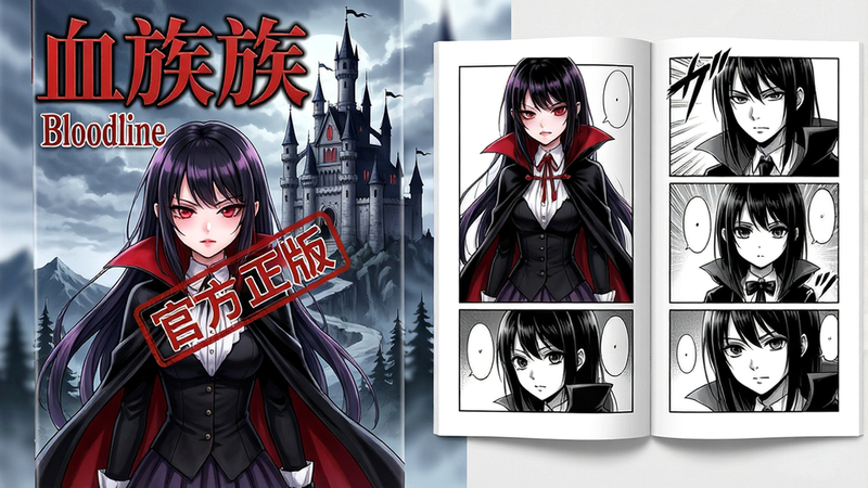 主体:血族漫画封面与漫画内页展示,布局:左侧为彩色漫画封面(书名“血族Bloodline”),右侧为漫画内页黑白分镜,排版:封面上有“官方正版”印章水印,风格:二次元日漫风格,细节:画面中有吸血鬼少女与城堡背景、画质:高清、干净、无多余元素
