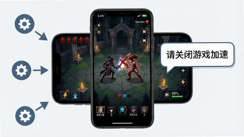 主体:血族游戏战斗画面截图展示闪退解决方案提示,布局:画面中显示手机屏幕内游戏界面,旁边有气泡提示“请关闭游戏加速”,排版:手机屏幕居中,周围有设置图标箭头标注,风格:扁平化教程插图,细节:手机电量图标显示50%、画质:清晰、干净、无多余元素