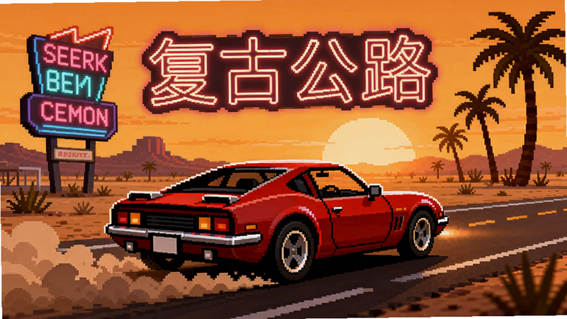 主体是一辆红色复古跑车在夕阳下的沙漠公路上飞驰,车尾扬起尘土,背景有霓虹招牌和棕榈树剪影,采用16位像素艺术风格,画面细腻干净,色彩饱和温暖,画质高清,无多余元素。文字“复古公路”居中偏上,字体为复古霓虹灯管效果。