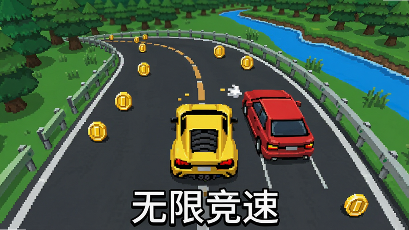 俯视视角,一辆黄色跑车在弯曲公路上躲避红色轿车,路面有金币散落,背景是森林和河流,像素风格,画面干净,文字“无限竞速”显示在底部,画质清晰。