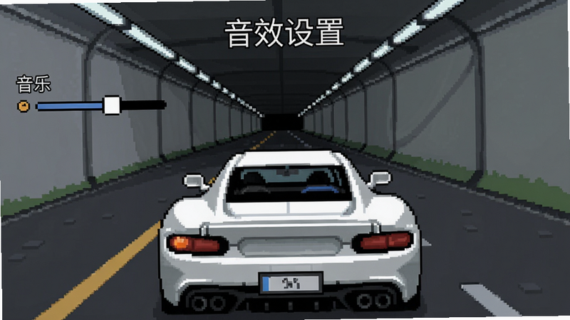 游戏内设置界面,显示音效与音乐滑块,背景是一辆白色跑车在隧道中行驶,像素风格,画面干净,文字“音效设置”居中,画质清晰。