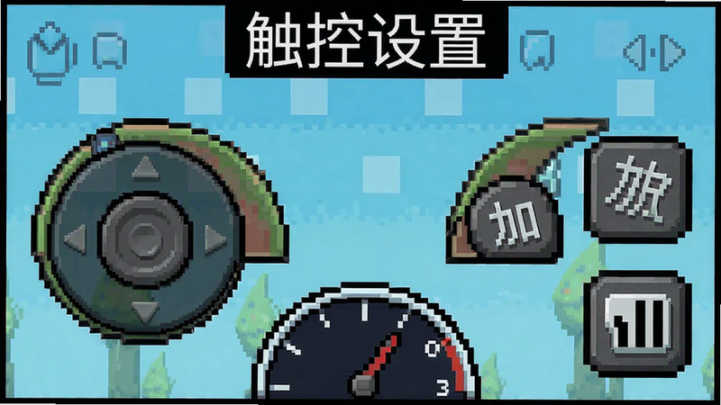 游戏操作界面示意图,左右两侧各有一个半圆形虚拟摇杆,左侧控制方向,右侧为加速和刹车按钮,下方显示当前速度表,像素风格,画面干净,文字“触控设置”显示在顶部,画质清晰。