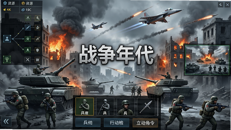 主体:战争年代游戏主界面,展示一座硝烟弥漫的现代城市战场,前景有坦克与步兵部队正在推进,背景是燃烧的建筑物与空中的战斗机。布局:主界面中央放置“战争年代”Logo,下方为兵种选择栏和行动指令按钮。排版:界面信息密集但层次清晰,左侧显示资源与科技树,右侧为战场缩略图。风格:写实军事风,色调偏冷灰与橙红对比,细节:烟雾、弹道轨迹、士兵动作清晰可见,画质:4K超清渲染,干净无多余UI元素。