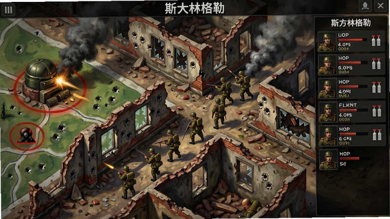 主体:战争年代战役地图界面,以“斯大林格勒”为背景,展示城市废墟中的巷战场景。布局:画面中央是一群士兵在断壁残垣间穿行,左侧有敌方火力点标记,右侧是我方单位列表。排版:地图采用等距视角,单位图标清晰标注血量与弹药。风格:写实油画质感,色彩浓郁,细节:墙面弹孔、破碎的玻璃、飘动的烟雾,画质:高光与阴影层次分明,无多余文字干扰。