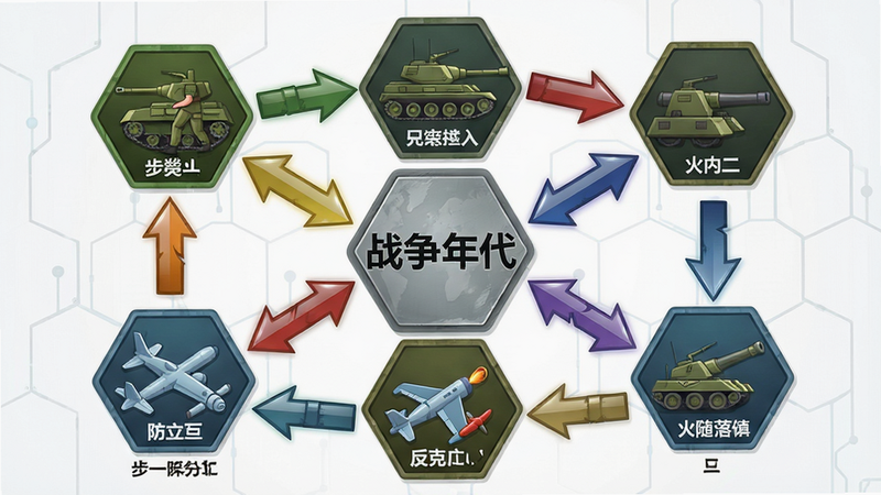 主体:战争年代兵种克制关系图,以六边形网格展示步兵、坦克、火炮、飞机、防空、反坦克之间的循环克制箭头。布局:中心为“战争年代”铭文,周围环绕各兵种图标,箭头用不同颜色表示克制等级。排版:简洁明快的科技树风格,每个图标下方有简短说明。风格:扁平化军事UI,色彩鲜艳,细节:图标细腻,箭头带有光泽,画质:干净清晰无冗余元素。