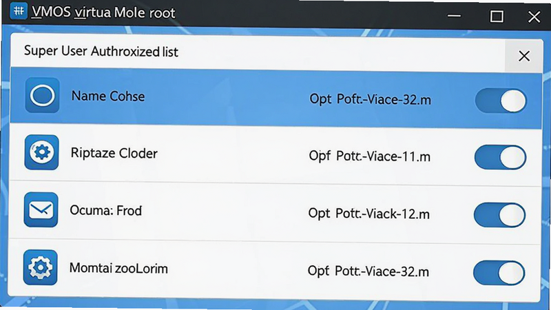 VMOS虚拟机root权限管理界面,显示超级用户授权列表,包含应用名称和权限开关,布局列表形式,风格简洁,蓝白配色,画质清晰,无多余元素