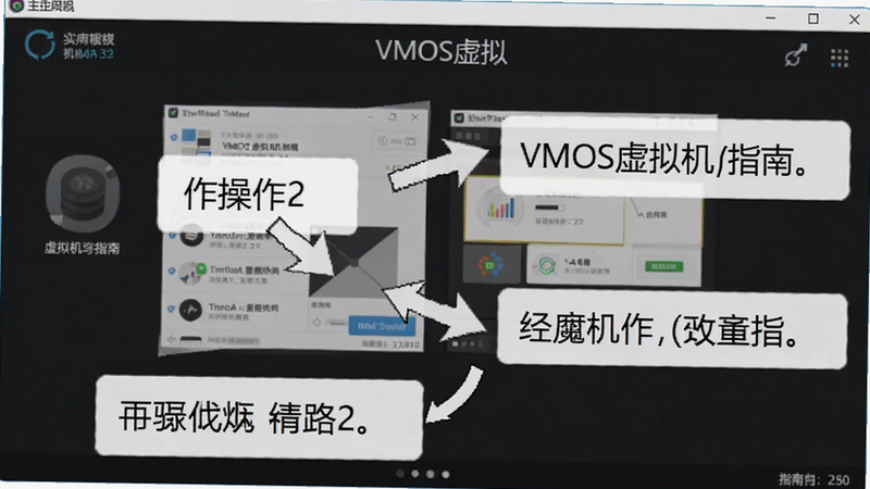VMOS虚拟机使用指南截图,展示主界面操作步骤,箭头指示,文字标注,背景白色,风格指南,画质清晰
