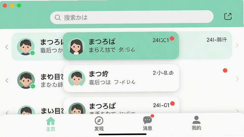 主体:まつろぱ软件主界面截图,展示聊天列表和底部导航栏;布局:上方为搜索栏,中部为好友消息卡片,底部四个图标(主页、发现、消息、我的);排版:竖屏手机界面,卡片式布局,圆角设计;风格:日系清爽扁平风,主色调薄荷绿与白色;细节:消息卡片显示头像、昵称、最后消息时间,有未读红点;画质:高清,干净无多余元素
