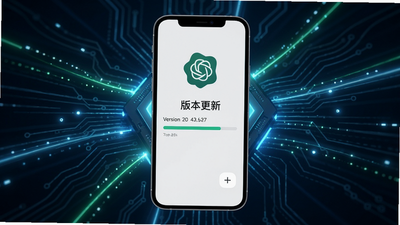 手机屏幕显示ChatGPT更新界面,背景有科技感的光效;主体为手机居中,屏幕上有“版本更新”和进度条;布局简洁,排版文字清晰;风格科技未来感,细节包括“ChatGPT”标志和版本号;画质干净,无多余元素