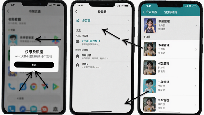 vivo免费小说使用指南操作流程截图,展示权限弹窗、设置界面、书架管理页面,图文结合,箭头标注,风格教程化,画质清晰,干净无多余元素