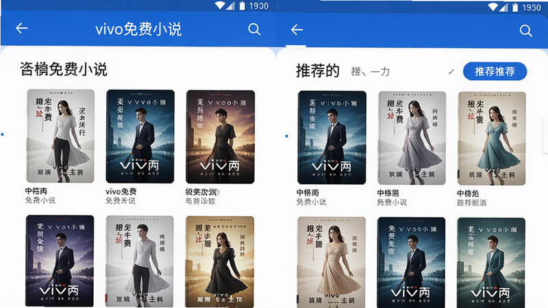 vivo免费小说主界面展示,书架与推荐页并排,白色背景配蓝色主题色,顶部标题