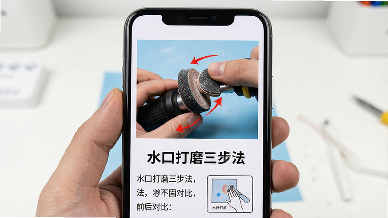 主体为手机屏幕显示一篇图文教程,标题“水口打磨三步法”,配图为打磨前后对比,布局上文字在下图片在上,风格简约教程风,细节有红色箭头指示打磨方向,画质干净