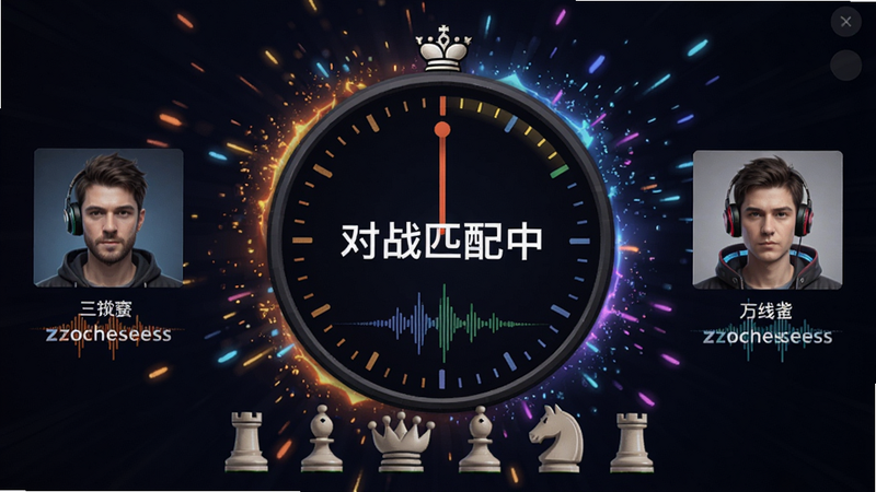 主体是xzochess在线对战匹配界面,中央有圆形计时器,两侧为玩家头像和昵称。布局对称,风格游戏化,细节包括落子音效波形图,画质高清,背景有动态粒子效果,文字“对战匹配中”显示在中间。