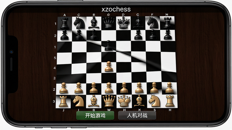 主体为手机屏幕上显示xzochess国际象棋棋盘的界面,布局居中,棋盘占画面主体,棋子立体质感,背景为深色木质纹理。排版采用上下结构,上方是软件名称“xzochess”字样,下方有“开始游戏”、“人机对战”等按钮。风格写实清晰,细节包括棋子的光影和高光,画质高清,干净无多余元素。