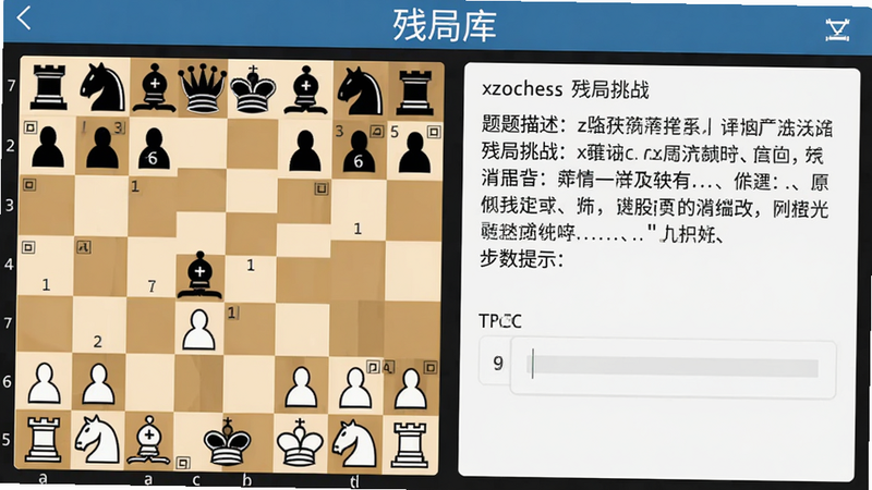 主体是xzochess残局挑战界面,左侧为棋盘局部,右侧显示题目描述和步数提示。布局左右分栏,风格简约扁平,细节包括棋子上的数字标记走棋顺序,画质清晰,顶部有“残局库”标题。