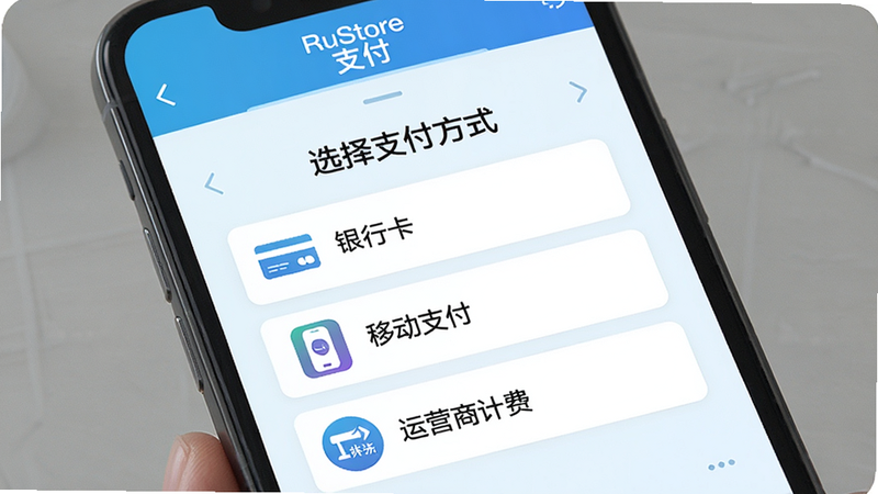 主体显示 RuStore 支付页面,屏幕中央显示“选择支付方式”列表,包含“银行卡”“移动支付”“运营商计费”三个选项,每个选项带对应图标。手机背景为浅蓝色,文字清晰,整体干净商务风格,顶部有“RuStore”和“支付”字样。