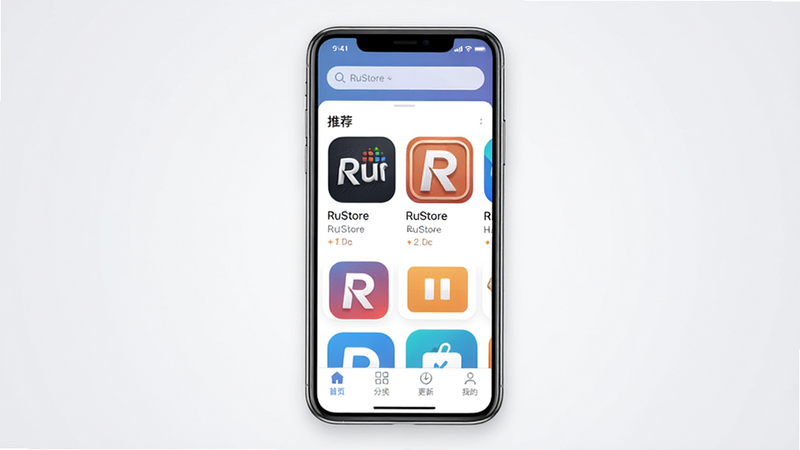 主体为 RuStore 应用商店主界面截图,居中显示手机屏幕,屏幕内展示顶部搜索栏、中部“推荐”模块(含应用图标和名称),底部导航栏含“首页”“分类”“更新”“我的”四个标签。背景为浅灰渐变,手机屏幕内容清晰,整体风格简洁现代,画质干净无多余元素,文字标注“RuStore”字样。
