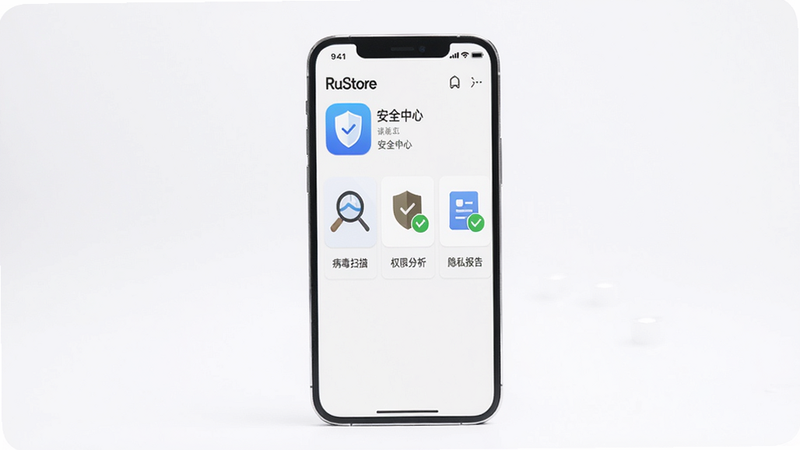 主体为 RuStore 应用详情页,显示应用名称“安全中心”,下方有“病毒扫描”“权限分析”“隐私报告”三个功能卡片,卡片内带绿色对勾图标。手机界面居中,背景为柔和白色,画质清晰,无多余元素,屏幕上方有“RuStore”标题。