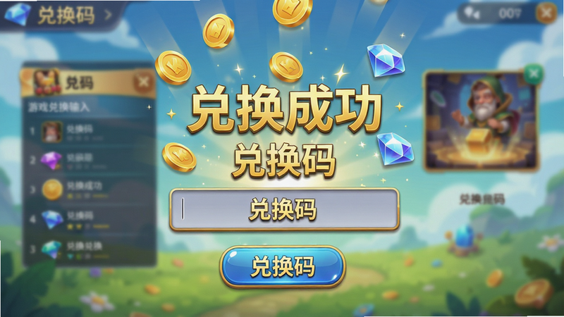 主体是游戏兑换码输入界面,屏幕中央有输入框,上方显示“兑换成功”动画,金币与钻石图标从天而降,布局简洁居中,背景是游戏主菜单虚化效果,风格清新明亮,细节包括按钮光泽、字体阴影,画质高清,文字“兑换码”以金色字体显示,无多余元素。