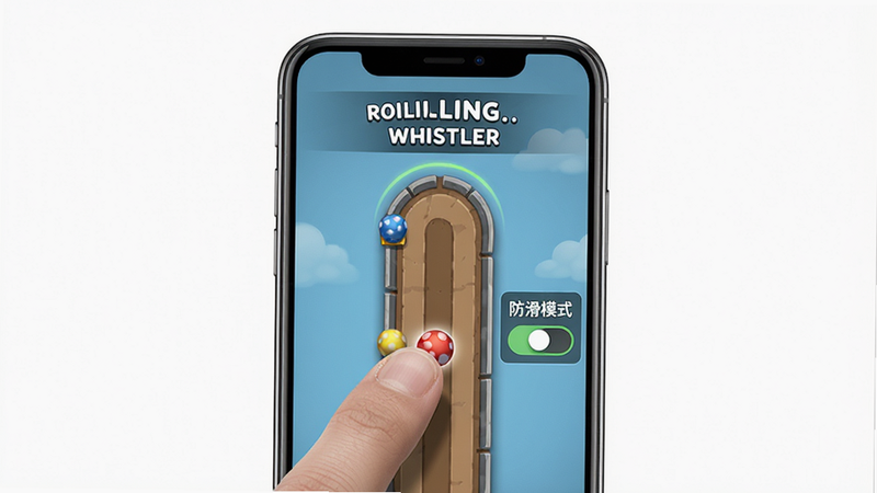 主体:手机屏幕上显示Rolling Whistler游戏竖屏界面,手指正在拖动小球,轨道旁显示“防滑模式”开关。布局:手机竖屏居中,背景为白色。排版:界面元素清晰,文字可读。风格:写实手机模型渲染,界面高亮。细节:手机边框、指纹孔等细节逼真,屏幕内容清晰。画质:超清,无多余元素