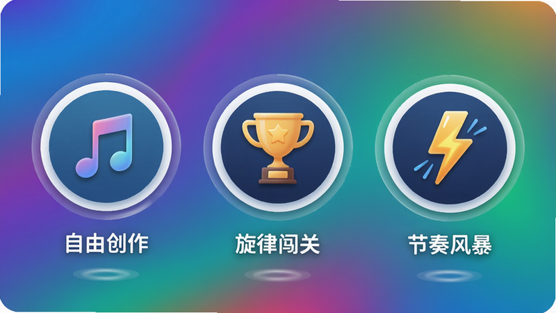 主体:Rolling Whistler游戏模式选择界面,三个圆形图标分别代表自由创作、旋律闯关和节奏风暴,每个图标有代表性图案(音符、奖杯、闪电)。布局:三个图标横向排列,背景为动态色彩渐变。排版:图标下方有模式名称文字。风格:简洁现代UI,圆角设计。细节:每个图标带有微动效,文字清晰。画质:干净,无多余元素
