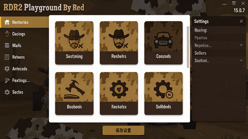 主体:RDR2 Playground By Red 软件主界面预览图,布局:中央展示功能菜单,左侧为分类导航,右侧为设置面板;排版:简洁卡片式排列,每个功能图标带有文字标签;风格:扁平化设计,配色采用西部牛仔风格的棕黄色与深褐色;细节:界面顶部显示“RDR2 Playground By Red”字样,版本号15.0.7,底部有“保存设置”按钮;画质:高清渲染,干净无多余元素。