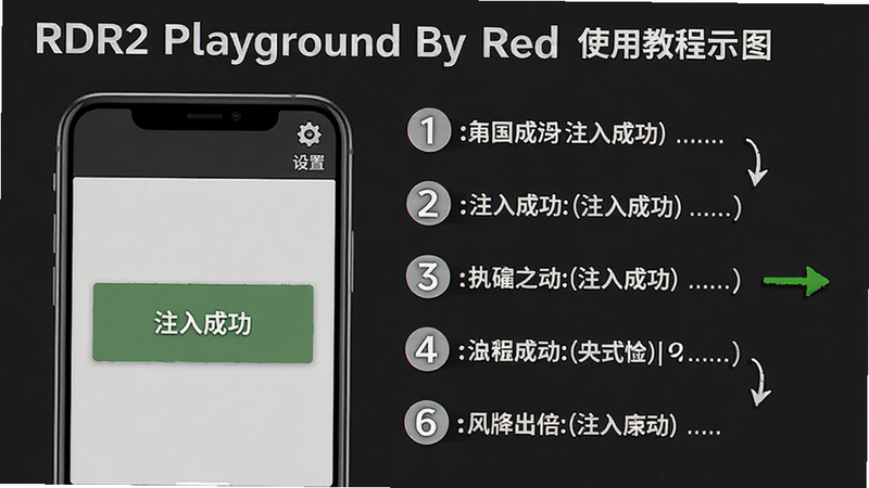 主体:RDR2 Playground By Red 使用教程示意图,布局:左侧为手机屏幕截图,右侧为步骤编号注释;排版:图文并茂,步骤用数字1-6标识;风格:教程风格,简洁清晰;细节:手机截图中显示“注入成功”提示,右上角有“设置”图标;画质:高清,干净。