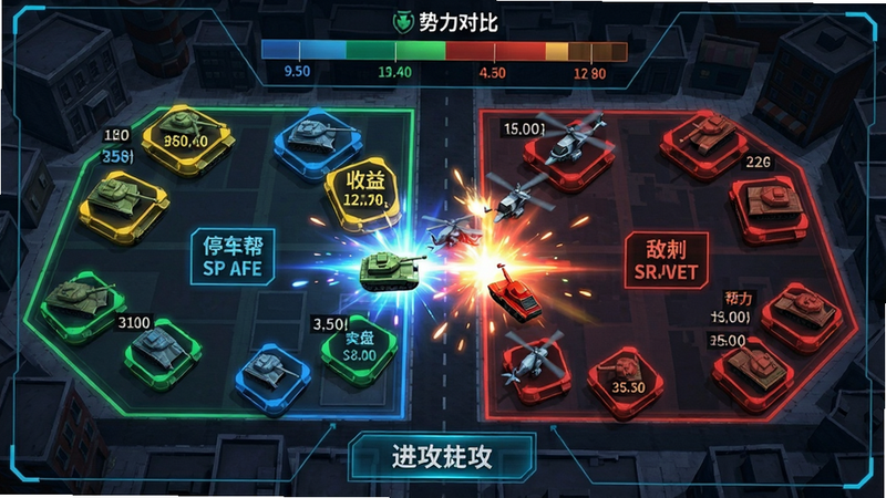 主体:《停车黑帮》地盘争夺战场景,城市地图上多个停车场标记为不同颜色,代表不同帮派控制。布局:左侧是玩家势力范围,右侧是敌对帮派区域,中间有交战光效。排版:地图上方有势力对比条形图,底部有进攻按钮。风格:俯视地图风格,带有科技感光效。细节:停车场图标上显示收益数字,有坦克和直升机模型。画质:清晰明亮,无多余元素。